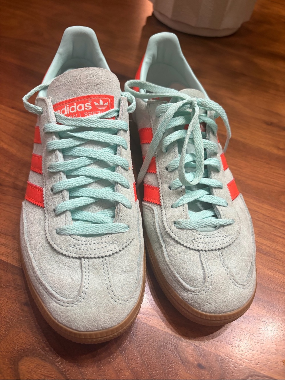 adidas womens Spezial Suede Sneaker in Light Gray with Bright Orange Stripes - Picture 2 of 6